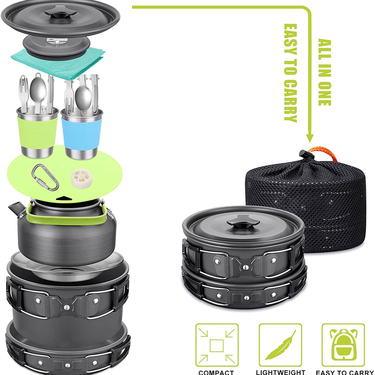 Полный набор для кемпинга на 2 – обзор и цена Camping Cooking Set With Kettle